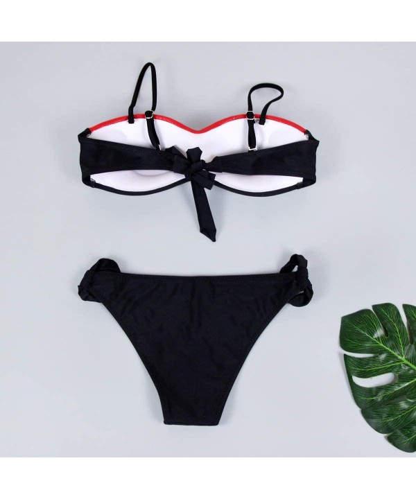 Womens Sexy Color Block Strappy Bandeau Bikini Set Brazilian Cheeky Thong Swimsuit Bathing Suit Push Up Swimwear Red - C718UT...