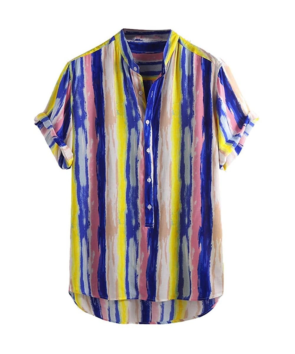 Men Cotton Printed Hawaiian Stand Collar Short Sleeve Loose Shirt - A Yellow - CT18TUGWRRN $20.30-Rash Guards