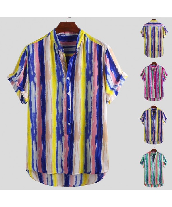 Men Cotton Printed Hawaiian Stand Collar Short Sleeve Loose Shirt - A Yellow - CT18TUGWRRN $20.30-Rash Guards