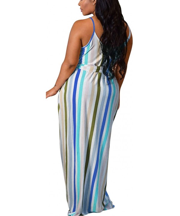 Women's Sexy Spaghetti Strap Stripe Long Maxi Dresses Floor Length Sleeveless Plus Size Sundresses with Pockets - Stripe-4 - ...