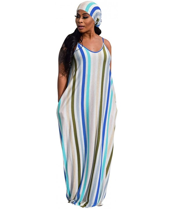 Women's Sexy Spaghetti Strap Stripe Long Maxi Dresses Floor Length Sleeveless Plus Size Sundresses with Pockets - Stripe-4 - ...