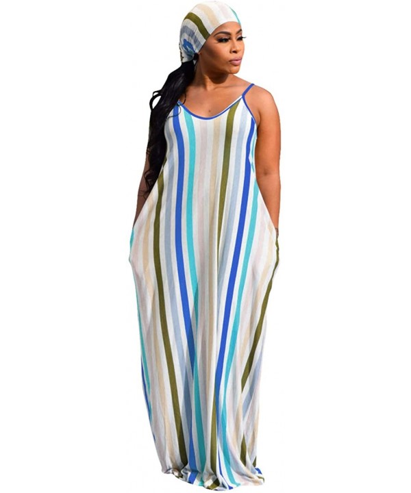 Women's Sexy Spaghetti Strap Stripe Long Maxi Dresses Floor Length Sleeveless Plus Size Sundresses with Pockets - Stripe-4 - ...