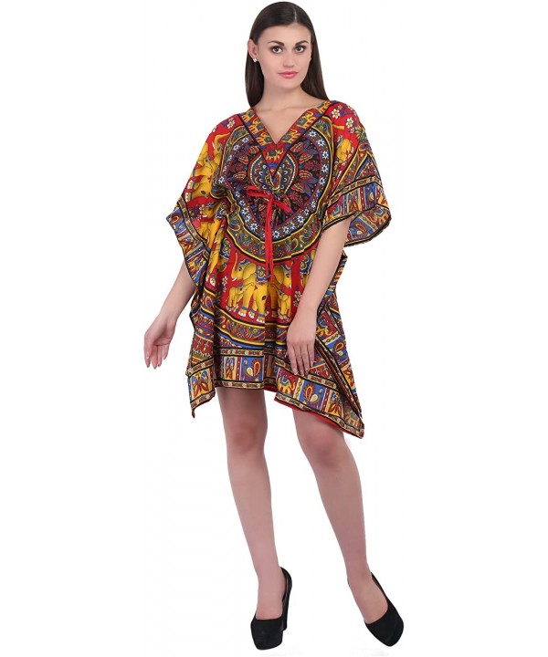 Womens Boho Hippie Kaftan Short Length Night Wear Free Size Polyester Dress - Blue - Red - C918CQCM6DX $9.82-Cover-Ups