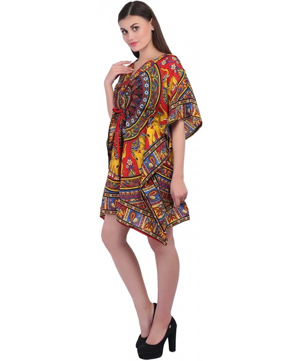 Womens Boho Hippie Kaftan Short Length Night Wear Free Size Polyester Dress - Blue - Red - C918CQCM6DX $9.82-Cover-Ups