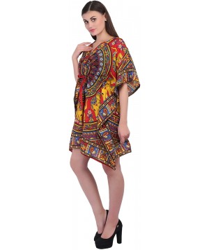 Womens Boho Hippie Kaftan Short Length Night Wear Free Size Polyester Dress - Blue - Red - C918CQCM6DX $9.82-Cover-Ups