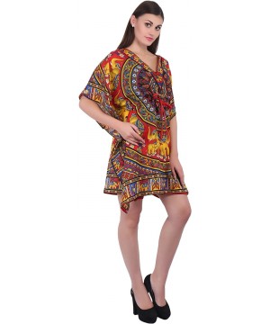 Womens Boho Hippie Kaftan Short Length Night Wear Free Size Polyester Dress - Blue - Red - C918CQCM6DX $9.82-Cover-Ups