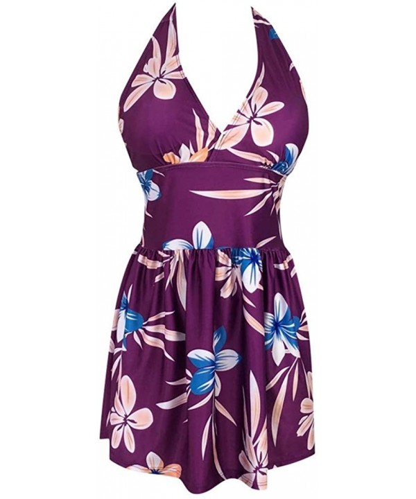 Women's A line Skirtini Printed Tankini Halter V Neck Tummy Control Swimdress Padded Tank Top Swimsuit Bathing Suit - Purple ...