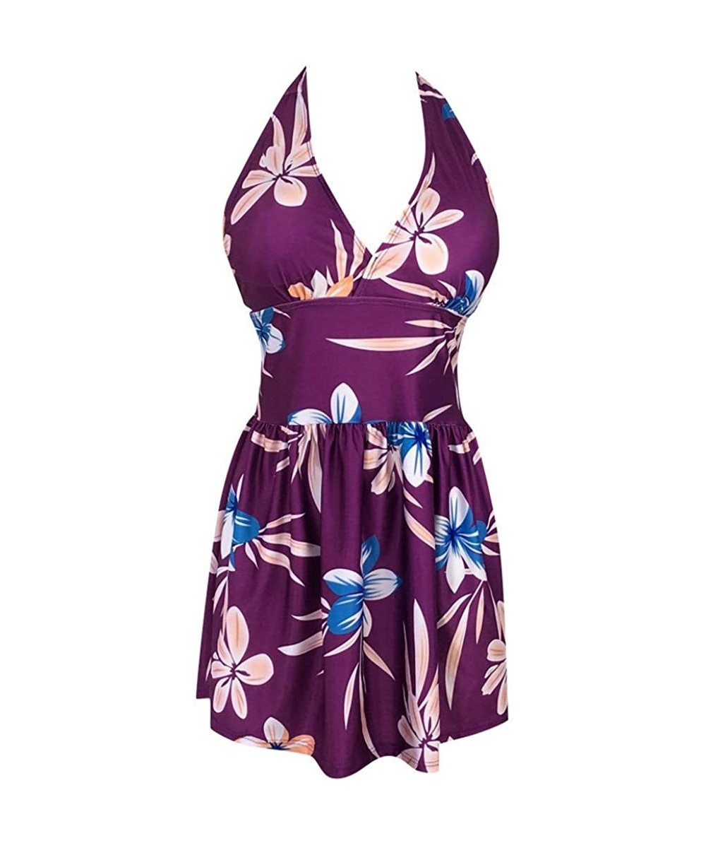 Women's A line Skirtini Printed Tankini Halter V Neck Tummy Control Swimdress Padded Tank Top Swimsuit Bathing Suit - Purple ...