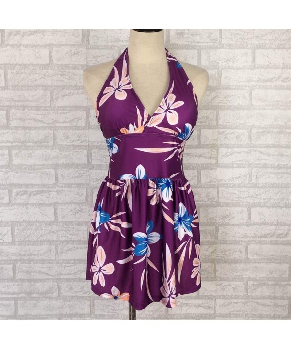 Women's A line Skirtini Printed Tankini Halter V Neck Tummy Control Swimdress Padded Tank Top Swimsuit Bathing Suit - Purple ...