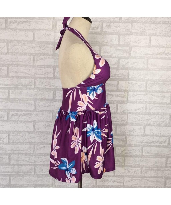 Women's A line Skirtini Printed Tankini Halter V Neck Tummy Control Swimdress Padded Tank Top Swimsuit Bathing Suit - Purple ...