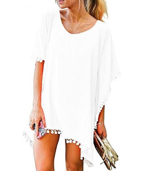 Women's Pom Pom Trim Kaftan Chiffon Swimwear Beach Cover up Bathing Suit - White - CI18O792IZQ $15.40-Cover-Ups