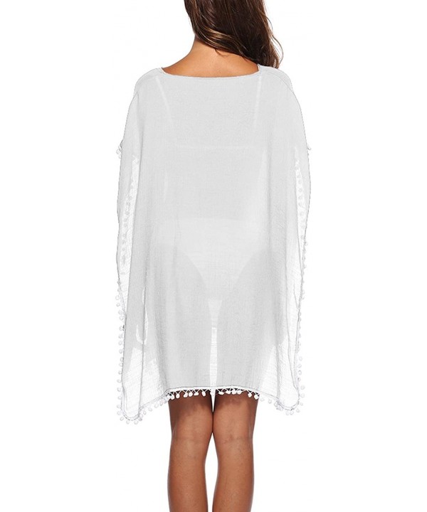 Women's Pom Pom Trim Kaftan Chiffon Swimwear Beach Cover up Bathing Suit - White - CI18O792IZQ $15.40-Cover-Ups