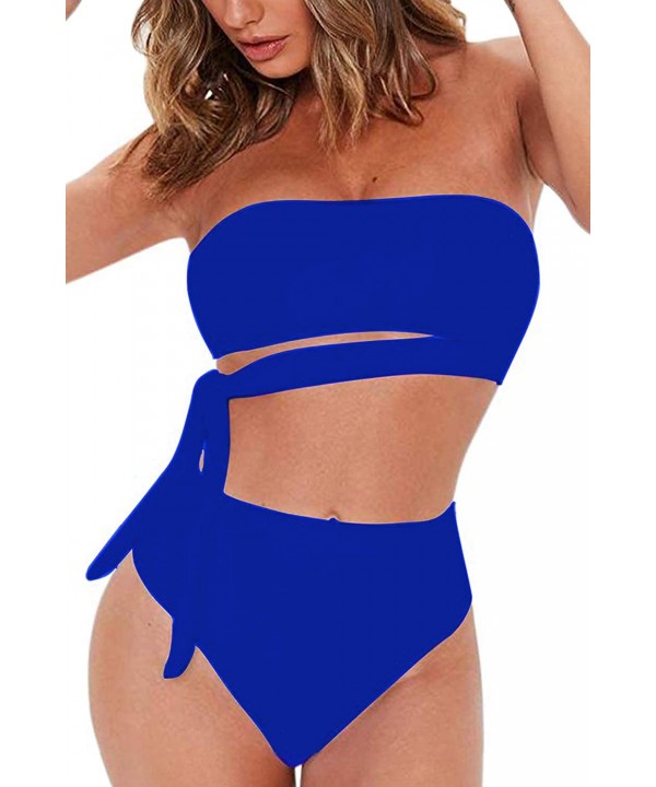 High Waisted Two Piece Bikini Set Crop Top Tie Bathing Suits High Cut Bandeau Swimsuit for Women Dark Blue Swimsuit - CJ1938R...