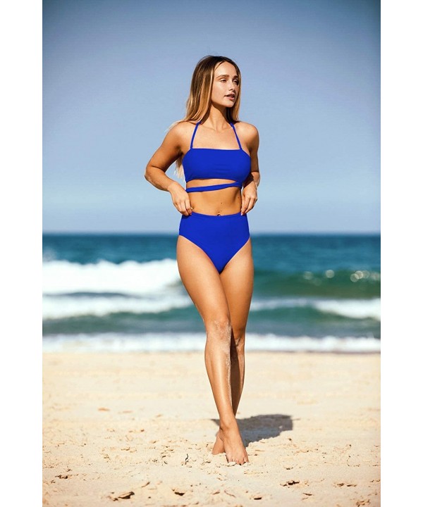 High Waisted Two Piece Bikini Set Crop Top Tie Bathing Suits High Cut Bandeau Swimsuit for Women Dark Blue Swimsuit - CJ1938R...