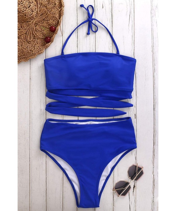 High Waisted Two Piece Bikini Set Crop Top Tie Bathing Suits High Cut Bandeau Swimsuit for Women Dark Blue Swimsuit - CJ1938R...