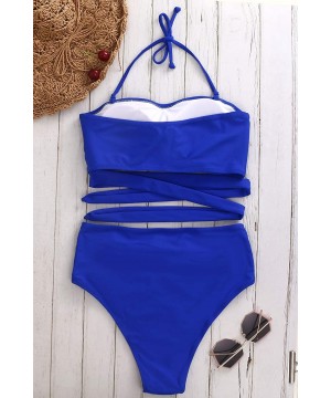 High Waisted Two Piece Bikini Set Crop Top Tie Bathing Suits High Cut Bandeau Swimsuit for Women Dark Blue Swimsuit - CJ1938R...