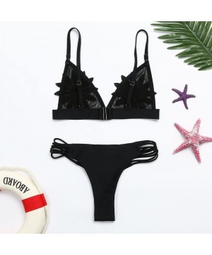 Sexy Cute Flower Pattern Cut Bikini Set for Women Cheeky Strappy Bra Brazilian Bandage Thong 2 PC Bathing Suit Black - CQ18TD...