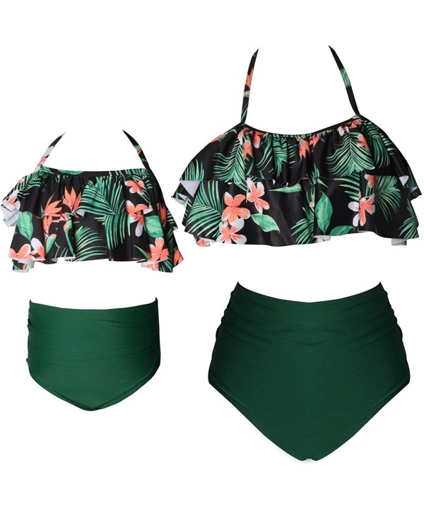 Girls Kids Swimsuit Two Pieces Bikini Set Ruffle Falbala Swimwear Bathing Suits Swimwear - Black Floral + Green - CR199MWZUI7...