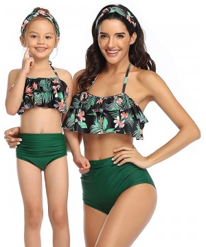 Girls Kids Swimsuit Two Pieces Bikini Set Ruffle Falbala Swimwear Bathing Suits Swimwear - Black Floral + Green - CR199MWZUI7...