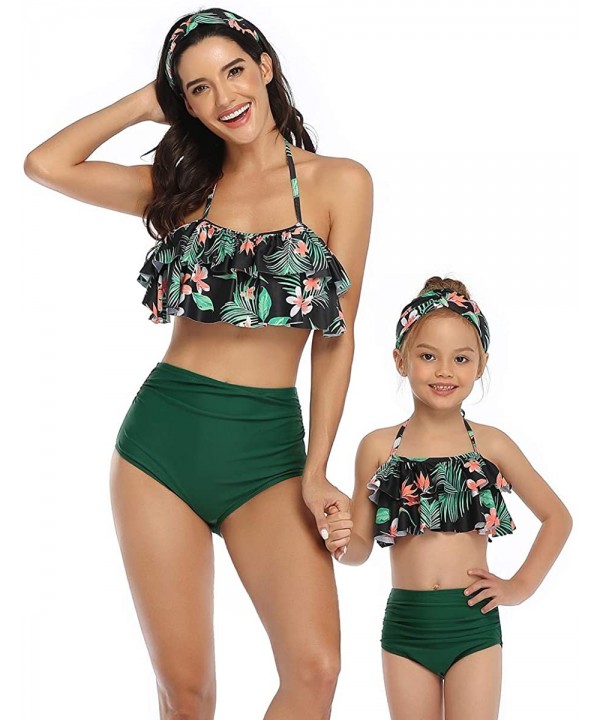 Girls Kids Swimsuit Two Pieces Bikini Set Ruffle Falbala Swimwear Bathing Suits Swimwear - Black Floral + Green - CR199MWZUI7...