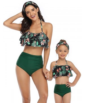 Girls Kids Swimsuit Two Pieces Bikini Set Ruffle Falbala Swimwear Bathing Suits Swimwear - Black Floral + Green - CR199MWZUI7...