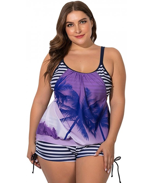 Women's Plus Size Striped Coconut Cutout Boyshorts Tankini Swimsuit - Purple - CM1935AZN2U $19.27-Tankinis