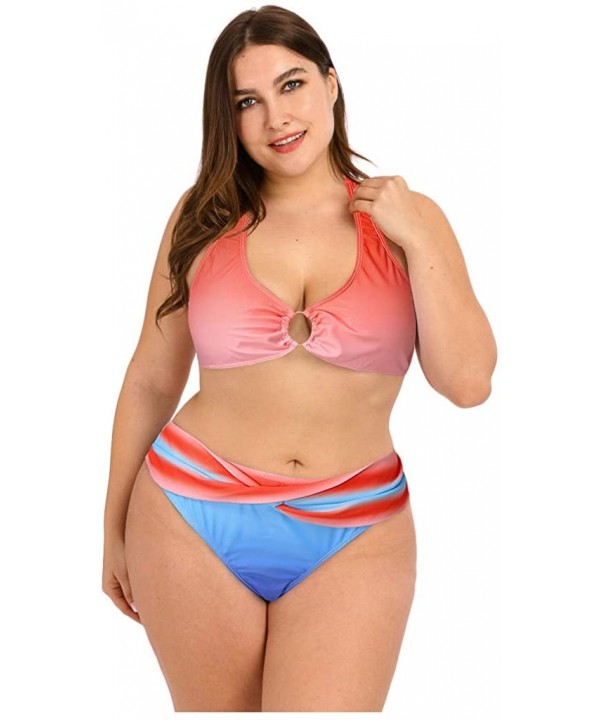 Plus Size Cross Bandage Two Piece Bikini Set Solid Bathing Suits Swimwear Beachwear - U1 - C2197COLXSC $20.91-Sets