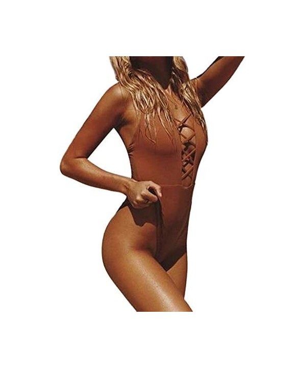 Women's Bikini Solid One Piece Swimsuit Pushups Swimwear Beachwear - Brown - CB18NR386CX $15.99-One-Pieces