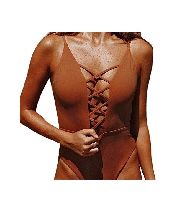 Women's Bikini Solid One Piece Swimsuit Pushups Swimwear Beachwear - Brown - CB18NR386CX $15.99-One-Pieces