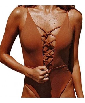 Women's Bikini Solid One Piece Swimsuit Pushups Swimwear Beachwear - Brown - CB18NR386CX $15.99-One-Pieces