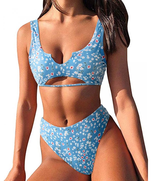 Womens Sexy Cutout Cheeky High Waisted Bikini High Cut Two Piece Swimsuits Swimwear - Blue - CU199L9QUN6 $19.28-Sets