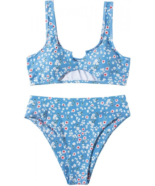 Womens Sexy Cutout Cheeky High Waisted Bikini High Cut Two Piece Swimsuits Swimwear - Blue - CU199L9QUN6 $19.28-Sets