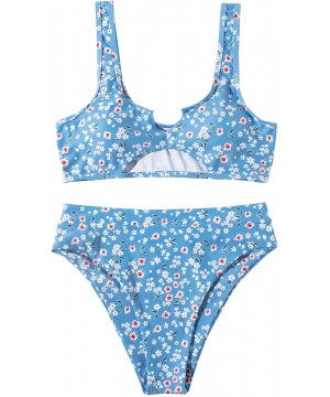 Womens Sexy Cutout Cheeky High Waisted Bikini High Cut Two Piece Swimsuits Swimwear - Blue - CU199L9QUN6 $19.28-Sets