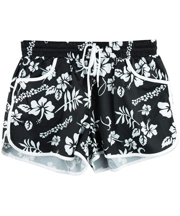 Women Summer Floral Prited Beach Shorts - Black Floral - CV18S8W8LLI $15.92-Board Shorts