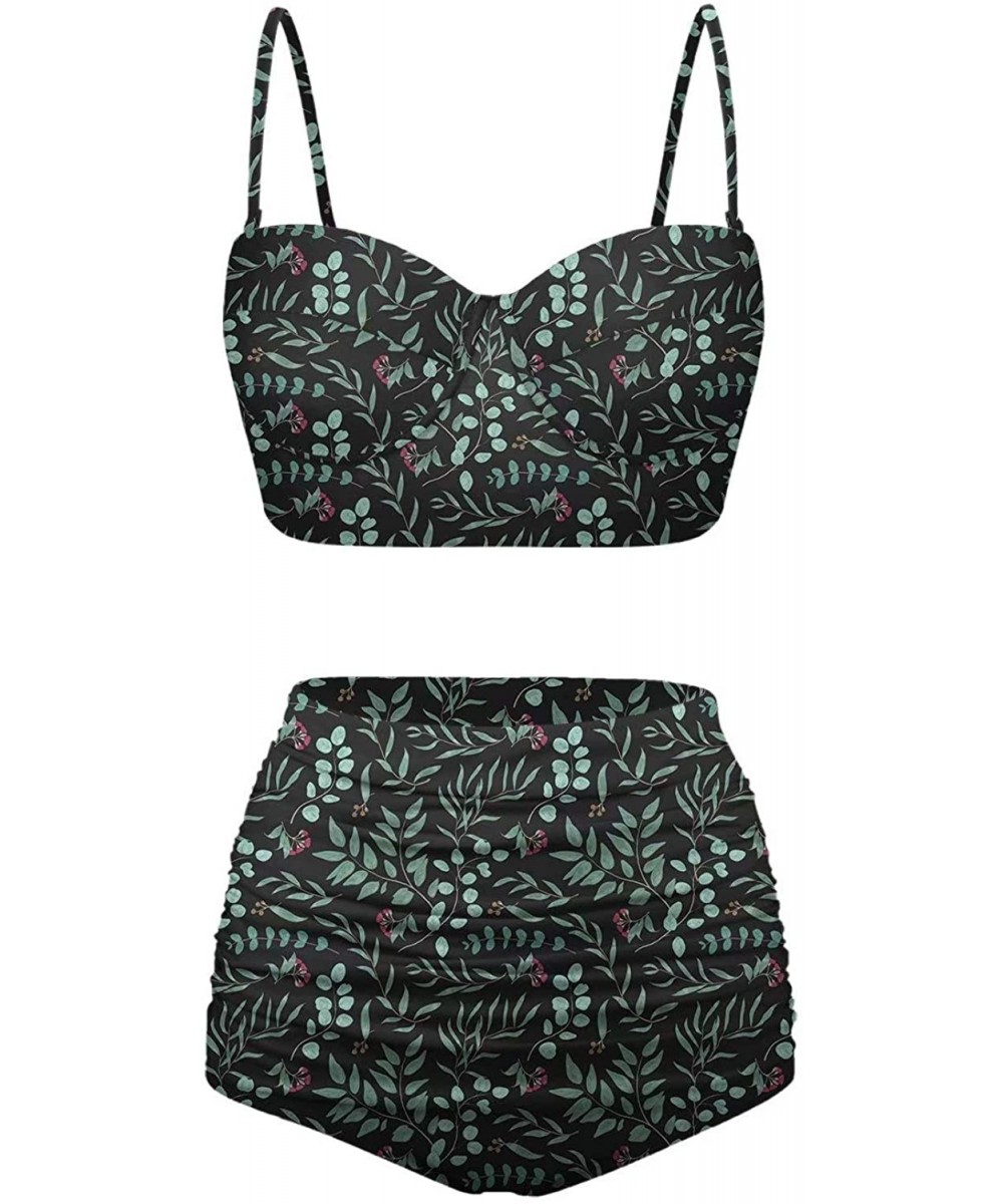 Women's Retro Summer Floral Print Funny Swimsuits High Waisted Bikini Set - Black+green - CB196SOHT7Z $43.04-Tankinis