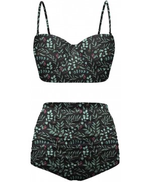 Women's Retro Summer Floral Print Funny Swimsuits High Waisted Bikini Set - Black+green - CB196SOHT7Z $43.04-Tankinis