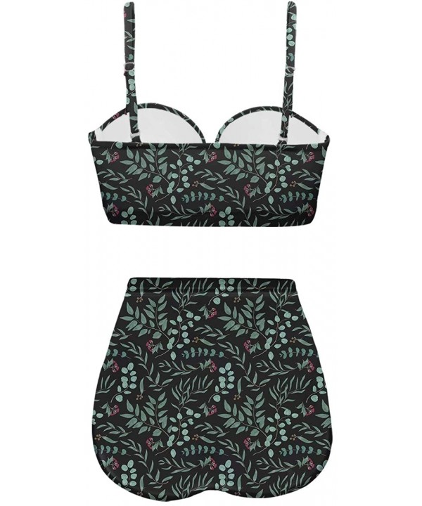 Women's Retro Summer Floral Print Funny Swimsuits High Waisted Bikini Set - Black+green - CB196SOHT7Z $43.04-Tankinis