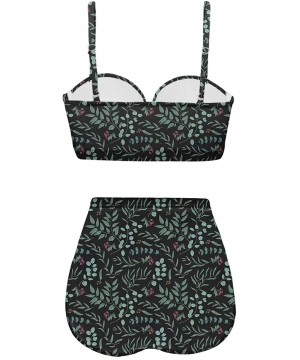 Women's Retro Summer Floral Print Funny Swimsuits High Waisted Bikini Set - Black+green - CB196SOHT7Z $43.04-Tankinis