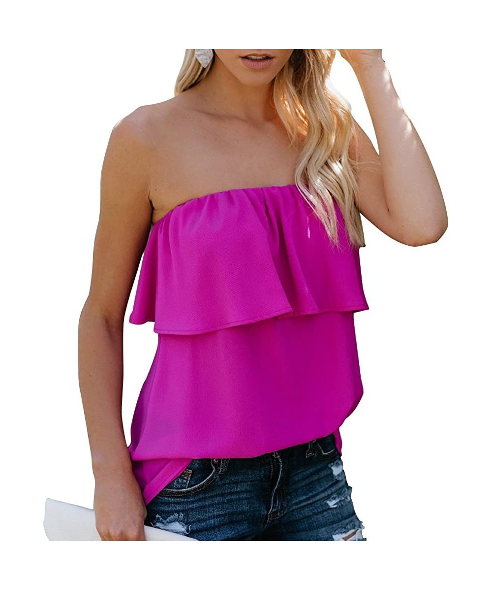 Women Ruffle Strapless Solid Tube Top - Rose Red1 - CI18EOZ9AA8 $16.75-Cover-Ups