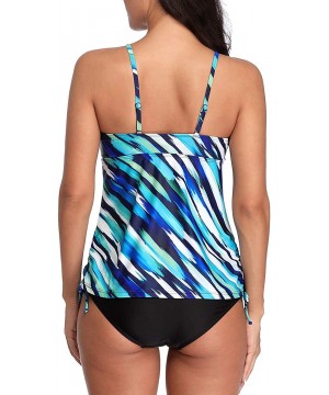 Women's Blouson Tankini Swimsuit Double Up Tummy Control Swimwear Set - Stripe Printed-blue - CK18YOX2TCO $19.21-Tankinis