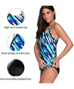 Women's Blouson Tankini Swimsuit Double Up Tummy Control Swimwear Set - Stripe Printed-blue - CK18YOX2TCO $19.21-Tankinis