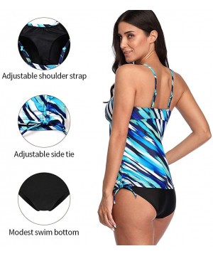 Women's Blouson Tankini Swimsuit Double Up Tummy Control Swimwear Set - Stripe Printed-blue - CK18YOX2TCO $19.21-Tankinis