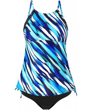 Women's Blouson Tankini Swimsuit Double Up Tummy Control Swimwear Set - Stripe Printed-blue - CK18YOX2TCO $19.21-Tankinis