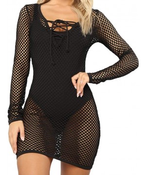 Women See Through Mesh Bikini Cover up Mini Dress Long Sleevess Swimsuit Bathing Suit - Black Hollow - C118TI87ZAL $10.75-Cov...