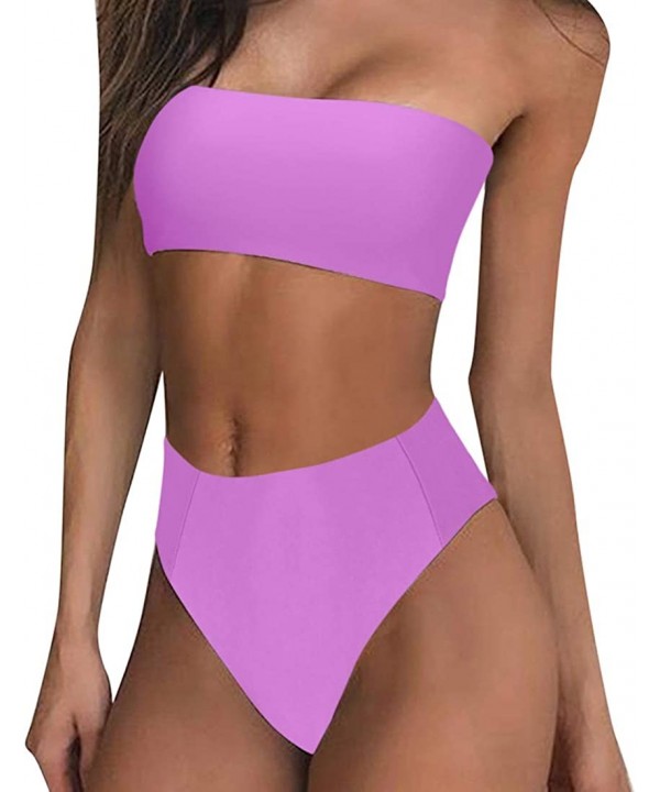 Women High Cut Bandeau Tropical Leaf Printed Strapless Swimsuits Bikini Set - Purple - CL18Q8OEM77 $22.90-Sets