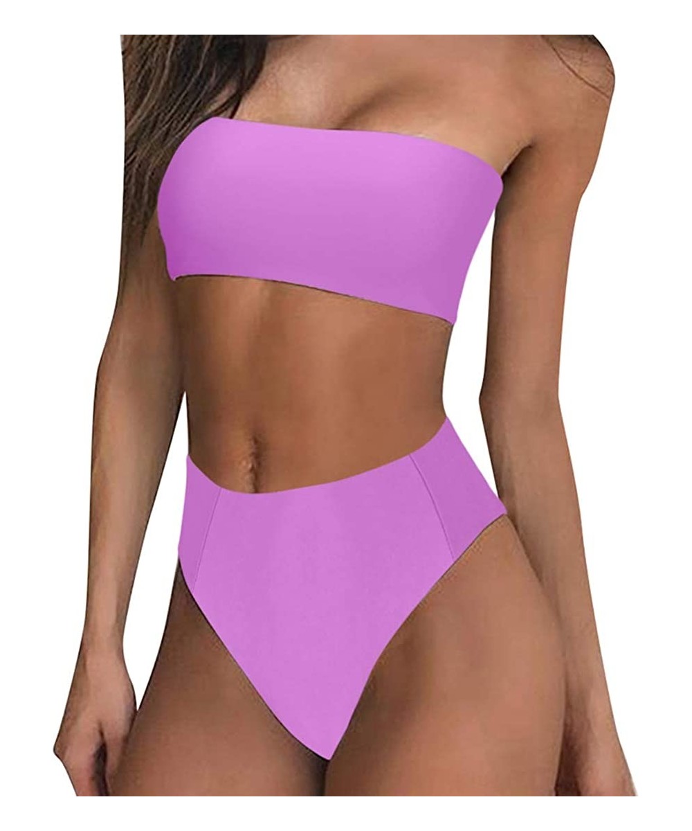 Women High Cut Bandeau Tropical Leaf Printed Strapless Swimsuits Bikini Set - Purple - CL18Q8OEM77 $22.90-Sets