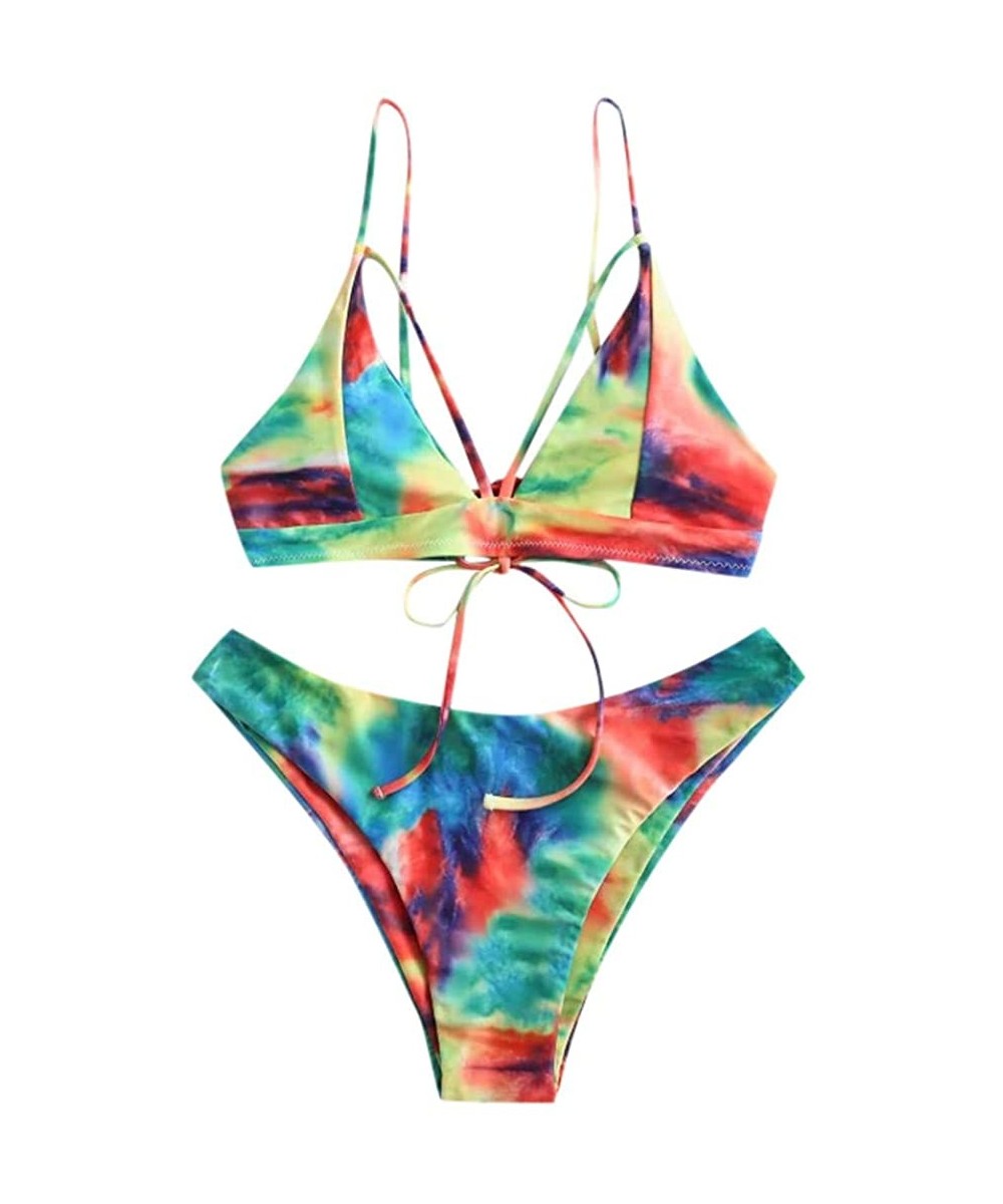 High Waisted Swimsuits for Women Tie Dye Lace Up Two Piece Swimsuit Sexy Spaghetti Straps Split Bikini Set Multi Color - CG19...