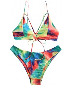 High Waisted Swimsuits for Women Tie Dye Lace Up Two Piece Swimsuit Sexy Spaghetti Straps Split Bikini Set Multi Color - CG19...