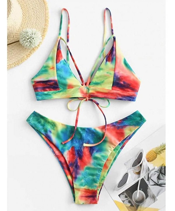 High Waisted Swimsuits for Women Tie Dye Lace Up Two Piece Swimsuit Sexy Spaghetti Straps Split Bikini Set Multi Color - CG19...