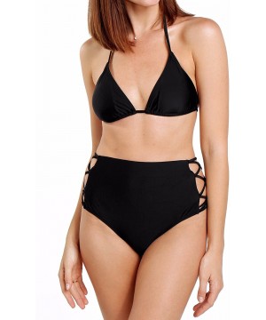 New Women's Retro Vibe High Waist Bikini Bottom Criss Cross Strappy Swimsuit Briefs - Black - CD184SKU0OE $7.79-Bottoms